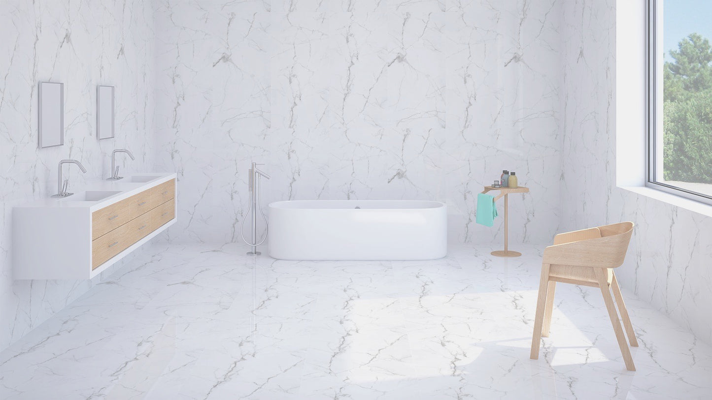 Bright White Marble Porcelain Tile Elegance - Spacious Bathroom Design