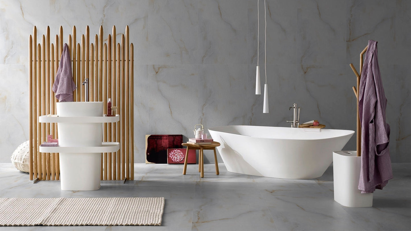 Luxurious Calacatta Marble Porcelain Tiles - Bright and Airy Bathroom Design