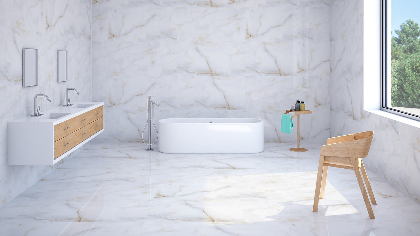 Luxurious Calacatta Marble Porcelain Tiles - Bright and Airy Bathroom Design