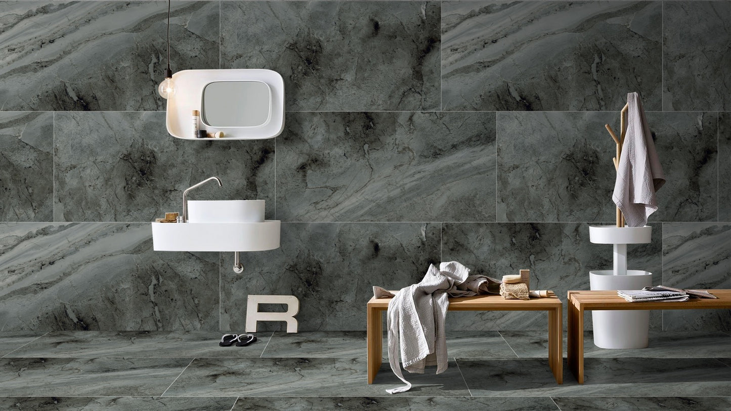 Dramatic Charcoal Vein Porcelain Tiles - Transformative Bathroom Aesthetics