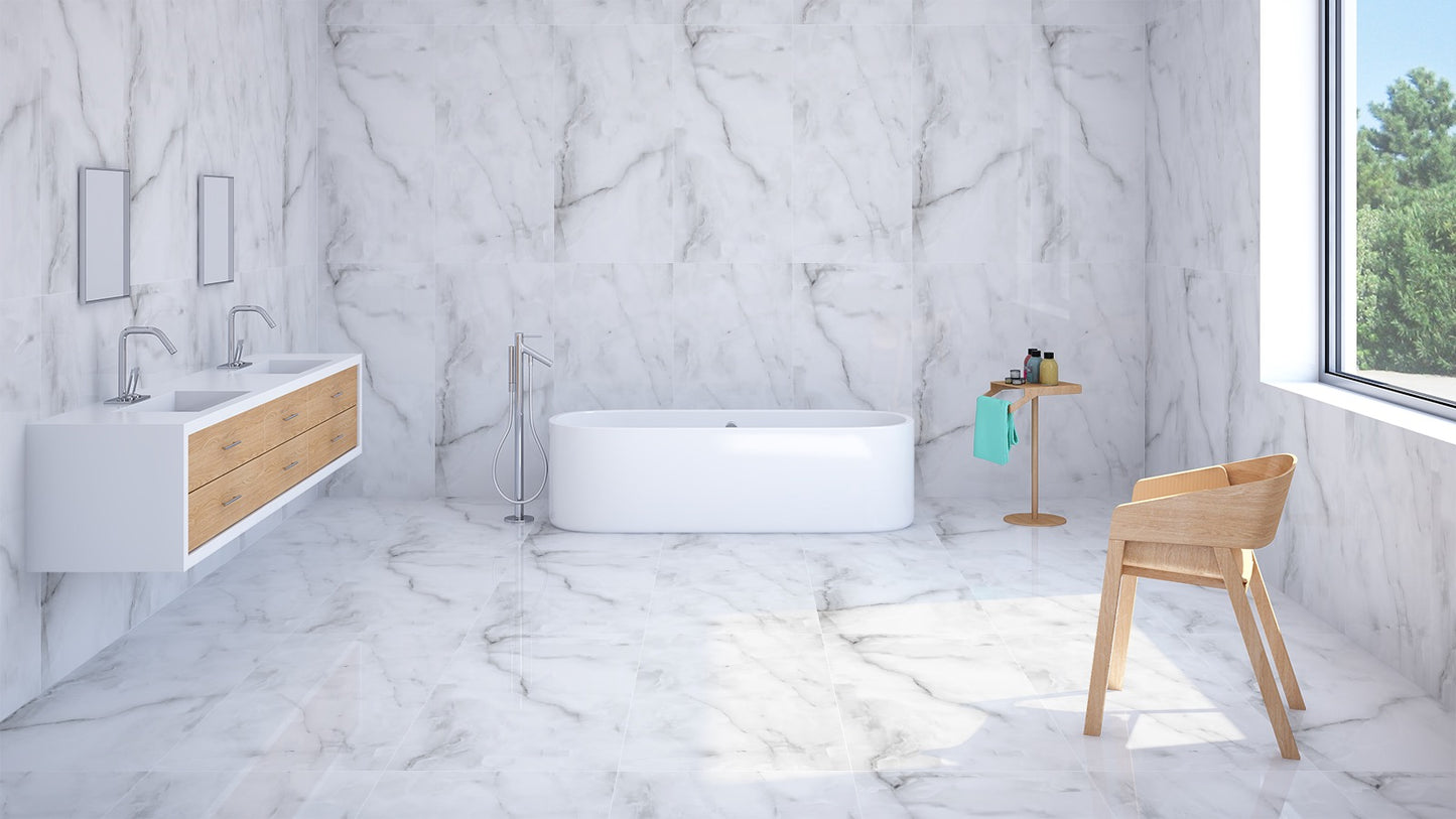 Classic White Carrara Marble Porcelain Tiles - Timeless Bathroom Luxury