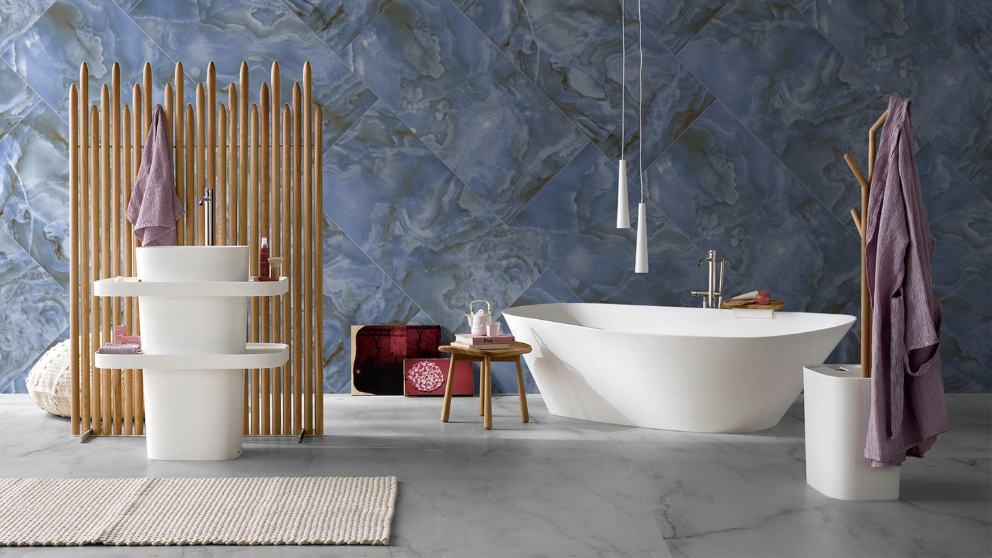 Oceanic Blue Marble Porcelain Tiles - Nautical Serenity for Your Bathroom